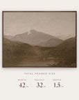 white mountains in a dark walnut floater frame with its total framed size listed below: 42 inches wide, 32 inches high, and 1.5 inches deep. 