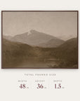 white mountains in a dark walnut floater frame with its total framed size listed below: 48 inches wide, 36 inches high, and 1.5 inches deep. 