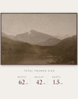 white mountains in a dark walnut floater frame with its total framed size listed below: 62 inches wide, 42 inches high, and 1.5 inches deep. 