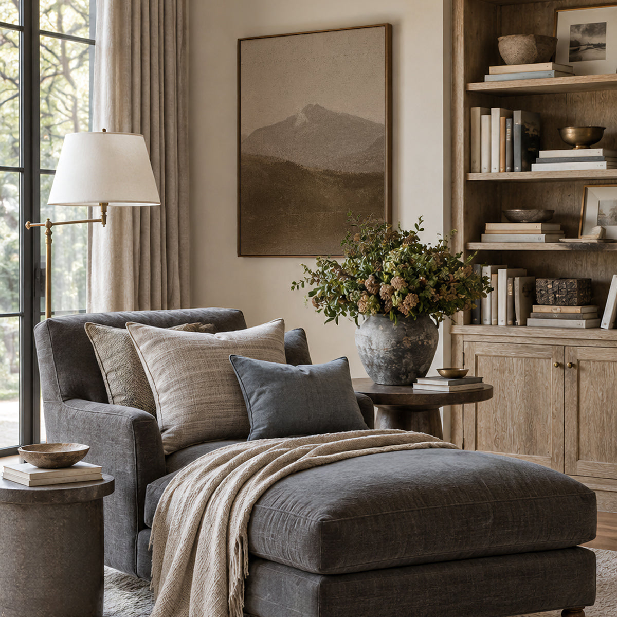 White Mountains in a dark frame above a slate gray chaise lounge with linen pillows and a knit throw, beside a floor lamp, a vase of dried hydrangeas, and wooden built-in bookshelves.