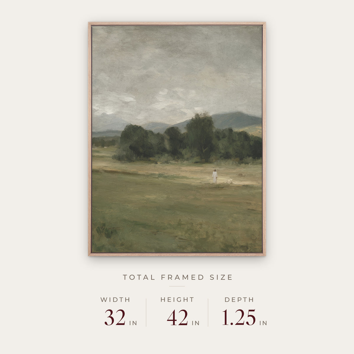 With The Father in a light oak floater frame with its total framed size listed below: 32 inches wide, 42 inches high, and 1.25 inches deep. #Oak #30x40