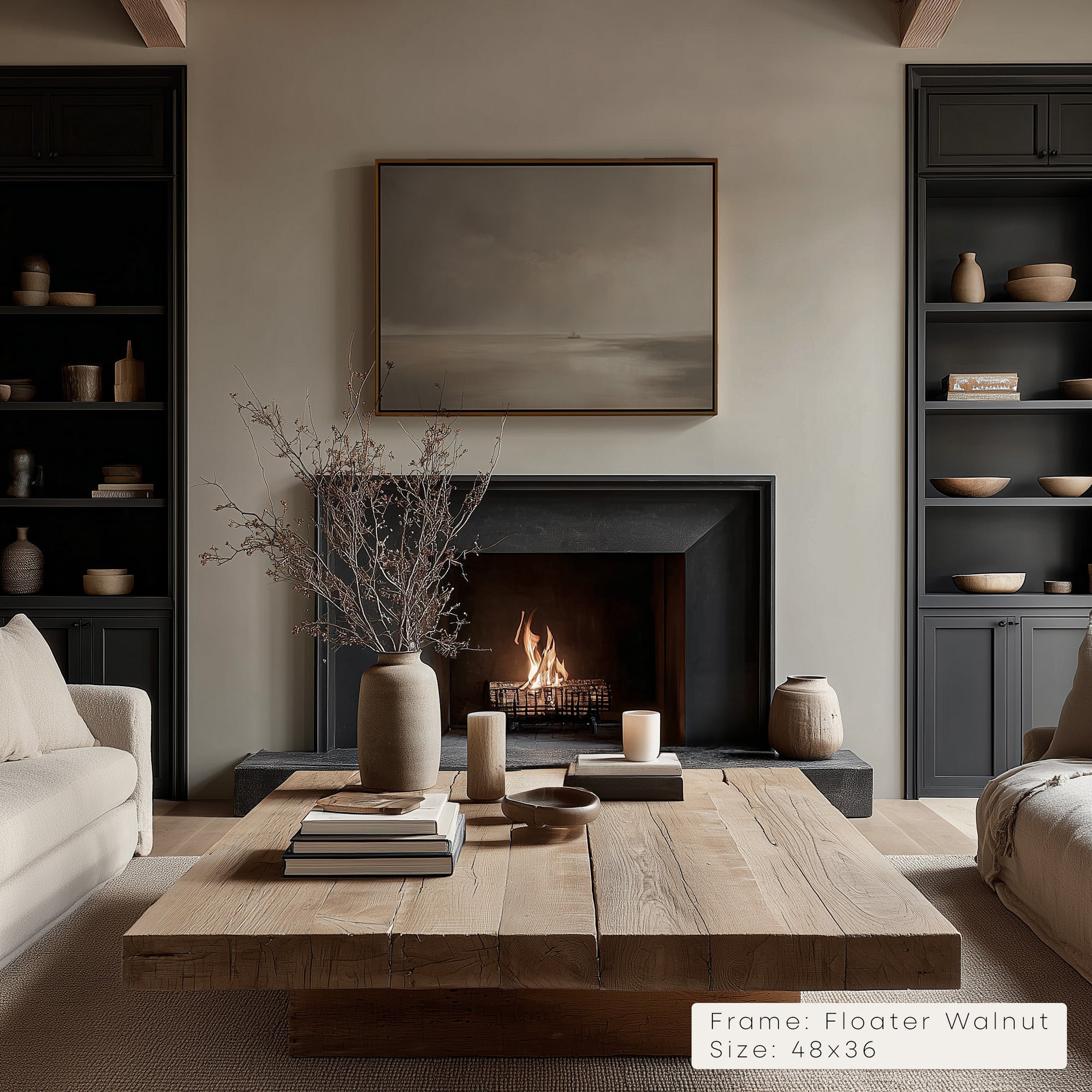 Living room with a fireplace, wooden coffee table, and shelves with decor items.